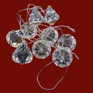 Crystal clear acrylic diamond ornaments with silver hanging cord set of 9